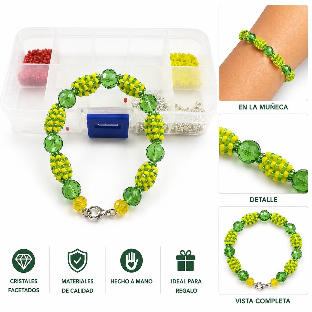 Handmade Beaded Bracelet Green Yellow Faceted Crystal Glass Woven Seed Beads